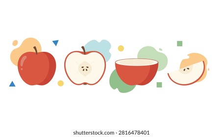 Various stages of a red apple including whole halved and sliced fruit set against soft organic pastel shapes.