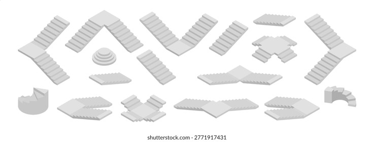 Various stair types set. Vector spiral and circular, classic and monument style steps. Architectural diversity and design. Isometric building structures, interior planning and architecture