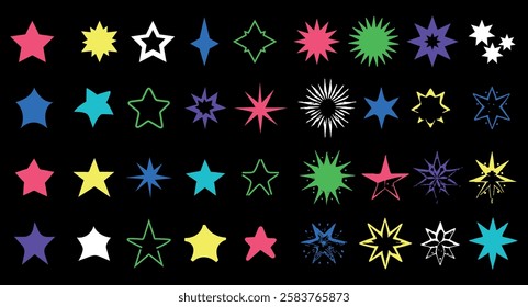 Various star shapes in multiple colors are arranged against a solid black background. This diverse collection can enhance creativity and artistic designs.