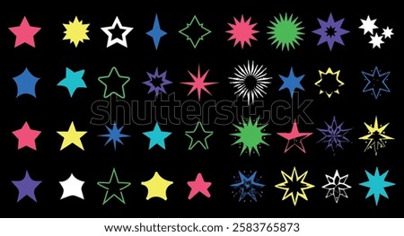Various star shapes in multiple colors are arranged against a solid black background. This diverse collection can enhance creativity and artistic designs.