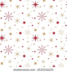 Diversas Formas de estrellas y patrón sin costuras de copo de nieve. Formas de estrellas doradas y rojas y copo de nieve esparcidos sobre un fondo blanco. Concepto de papel de embalaje de Navidades. EPS10