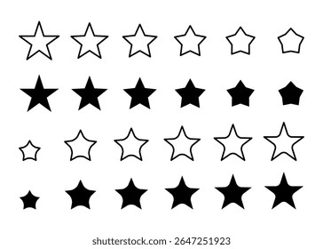 Várias estrelas formas ícone conjunto. Silhuetas de amostras de estrelas, forma de faísca mágica, elementos de brilho abstratos isolados no fundo branco, ilustração de vetor starburst