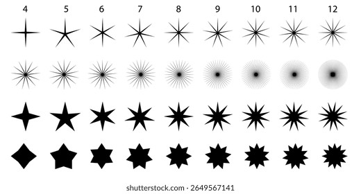 Várias estrelas formas ícone conjunto. Silhuetas de amostras de estrelas, forma de faísca mágica, elementos de brilho abstratos isolados no fundo branco, ilustração de vetor starburst