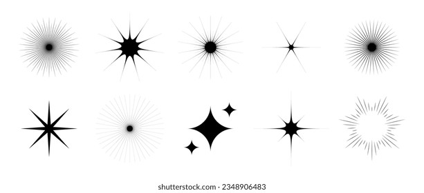 Various stars and twinkles set. Retro blink collection. Abstract black starburst shine effect pack. Design element template for poster, banner, logo, card, icon, label, collage, tag. Vector bundle