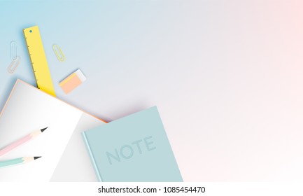 Various stationery for back to school in paper art style with pastel color vector illustration