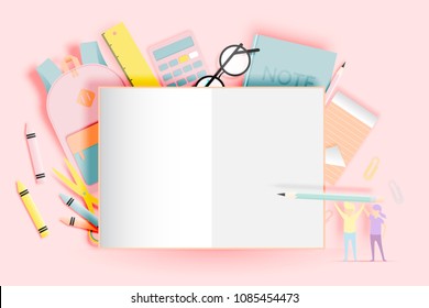 Various stationery for back to school in paper art style with pastel color vector illustration