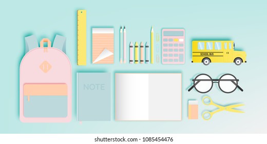 Various stationery for back to school in paper art style with pastel color vector illustration