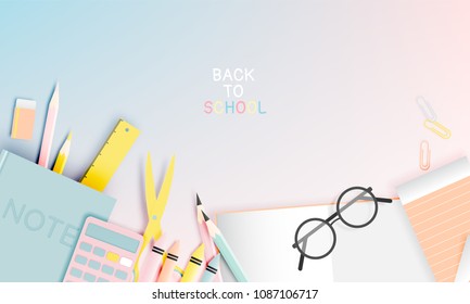 Various stationery for back to school in paper art style with pastel color vector illustration