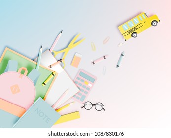 Various stationery for back to school in paper art style with pastel color vector illustration