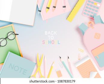 Various stationery for back to school in paper art style with pastel color vector illustration