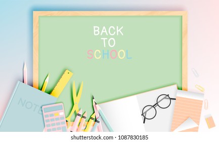 Various stationery for back to school in paper art style with pastel color vector illustration