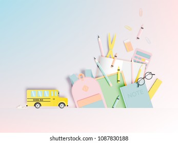 Various Stationery For Back To School In Paper Art Style With Pastel Color Vector Illustration