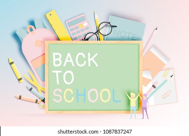 Various stationery for back to school in paper art style with pastel color vector illustration