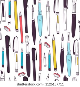 Various stationery. Hand drawn colored vector seamless pattern