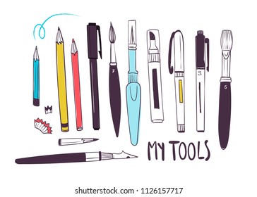 Various stationery. Hand drawn colored vector set. All elements are isolated
