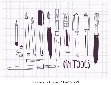 Various stationery. Hand drawn graphic vector set. All elements are isolated