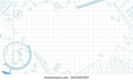 Various stationery items background with a place for text in a center. Vector illustration