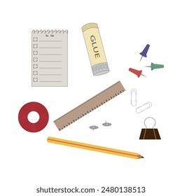 Various stationery items on an isolated white background.Vector illustration.