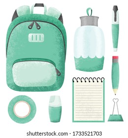 Various stationery for returning to school: bag, drinking bottles, pencils, highlighter pen, pens, sticky tape, block notes, and binder clips. vector illustration