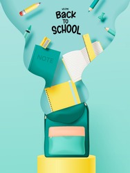 Various Stationery And School Suppliers For Back To School In 3d Realistic Art Style With Pastel Color Vector Illustration