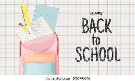 Various stationery and school suppliers for back to school in 3d realistic art style with pastel color vector illustration