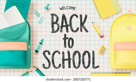 Various stationery and school suppliers for back to school in 3d realistic art style with pastel color vector illustration