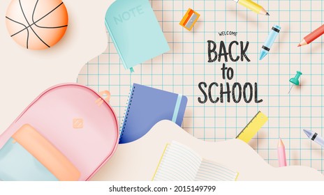 Various stationery and school suppliers for back to school in 3d realistic art style with pastel color vector illustration