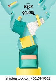 Various stationery and school suppliers for back to school in 3d realistic art style with pastel color vector illustration