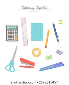 Various stationery supplies set illustrations