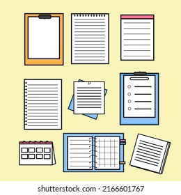 Various stationery for taking notes. Types of notes and pages. flat design style vector illustration.