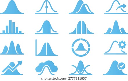 Various statistical probability distribution graphs and bell curve diagrams for math data visualization.