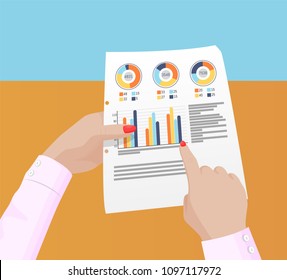 Various statistics data in female hands poster vector illustration with charts and analytics diagrams, graphic schedules, business woman fingers, info banner