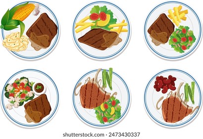 Various steak dishes with sides and vegetables