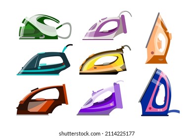 Various steam irons cartoon illustration collection. Modern electric hot press iron for ironing and care of clothes isolated on white background. Laundry, home, gadget concept
