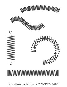 various steel spring icons, including tension, compression, and spiral shapes. Vector illustration representing mechanical parts, industrial hardware, and physical elasticity. 