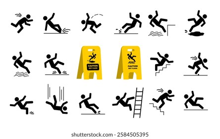 Various stick figure icons depicting slipping and falling hazards with caution signs. Black pictograms on a white background. Safety warning concept