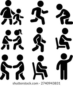 Various stick figure people interacting and performing different actions together and alone. Vector