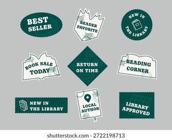 Varios diseños de pegatinas con frases que promueven la lectura, actividades de Biblioteca y autores locales para su uso en libros de pegatinas