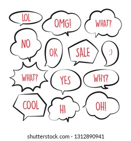 Various stickers of black line speech bubbles vector set with red text - stock vector