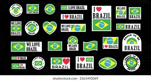 Various Stickers Showcasing Brazilian Flags with Patriotic and Love Messages