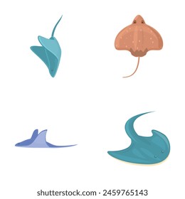 Various stingray icons set cartoon vector. Cartoon tropical stingray fish. Nature, underwater animal