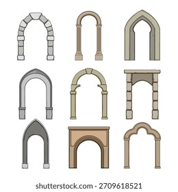 Various stone and classic architectural arch designs, offering options for entryways and portal concepts in diverse building and fantasy setting illustrations