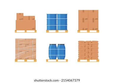 Various storage containers and boxes stacked on wooden pallets, flat vector illustration isolated on white background. Set of stacked and piled warehouse containers.