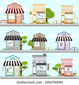 Various Store Front Building Vector Background Illustration Graphic Design Set