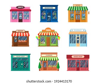 Various storefronts set. Traditional shop buildings and entrance, cafe facade, sweets, bookstore, pharmacy, bakery, flowers, wine, shoes stores. For small business, retail concept