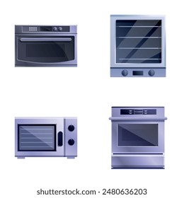 Varios iconos de estufa conjunto de Vector de dibujos animados. Horno eléctrico y microondas moderno. Equipo de cocina de Profesional