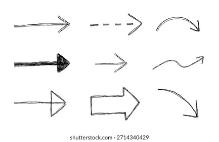 Diversos iconos de línea dibujados a mano de flecha recta Conjunto de Ilustración vectorial monocromo con múltiples líneas superpuestas