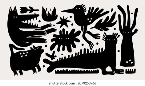 Various strange creatures. Abstract imaginary monsters. Fictional, fantastic animals. Cute disproportionate characters. Black trendy Vector set. Hand drawn illustration. All elements are isolated