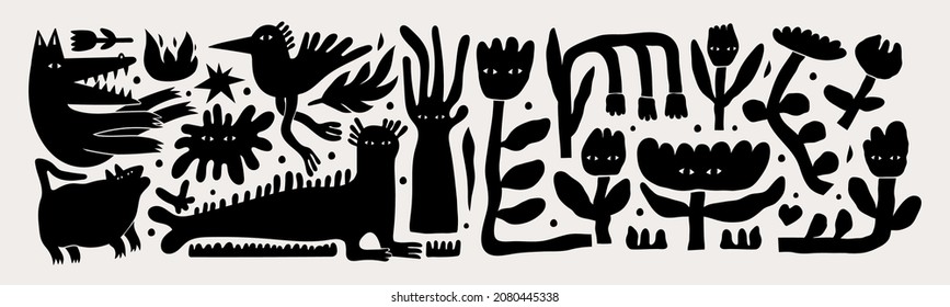 Various strange creatures. Abstract imaginary monsters. Fictional animals and flowers. Cute disproportionate characters. Black trendy Vector set. Hand drawn illustration. All elements are isolated