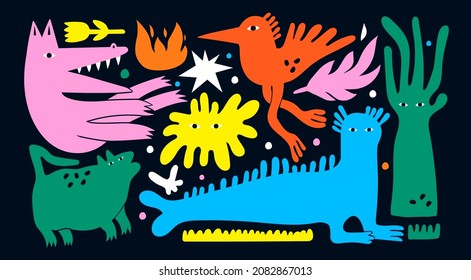 Various strange creatures. Abstract imaginary monsters. Fictional, fantastic animals. Cute disproportionate characters. Colorful trendy Vector set. Hand drawn illustration. All elements are isolated